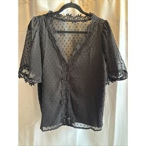 Black V Neck Blouse Top XS‎ Whimsigoth Witchy Crochet Swiss Dot Y2K Fairy Grunge